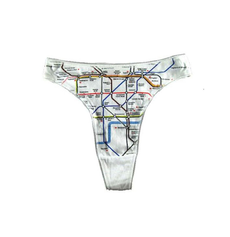 BLUES- Ladies Thong White with London Underground Tube Map Print, Transport for London Souvenir (10-12 (S/M))