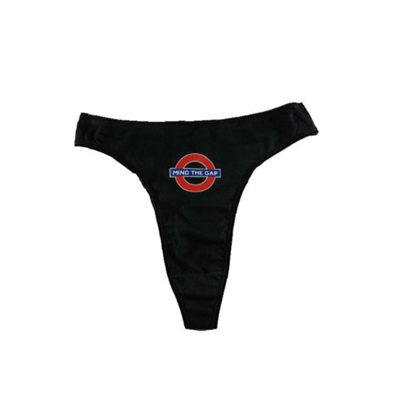 Ladies Thong Black with London Underground Mind The Gap Roundel Print, Transport for London Souvenir, 10-12 (S/M)