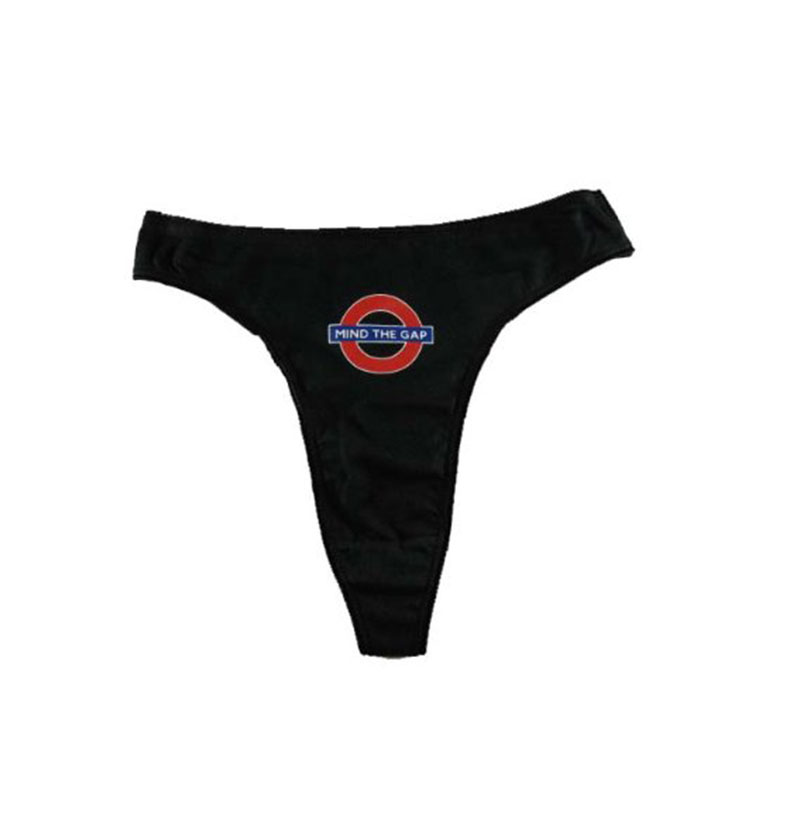 Ladies Thong Black with London Underground Mind The Gap Roundel Print, Transport for London Souvenir, 14-16 (L/XL)