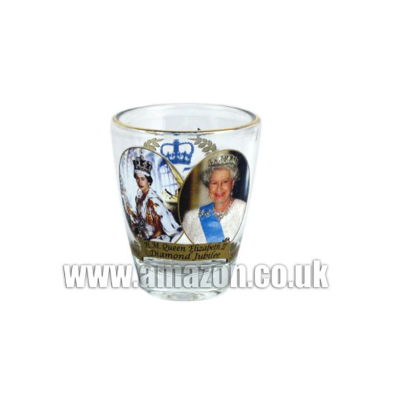Mini Shot Glass with Gold Rim - Queen Elizabrth II Now and Then, Diamond Jubilee Souvenir
