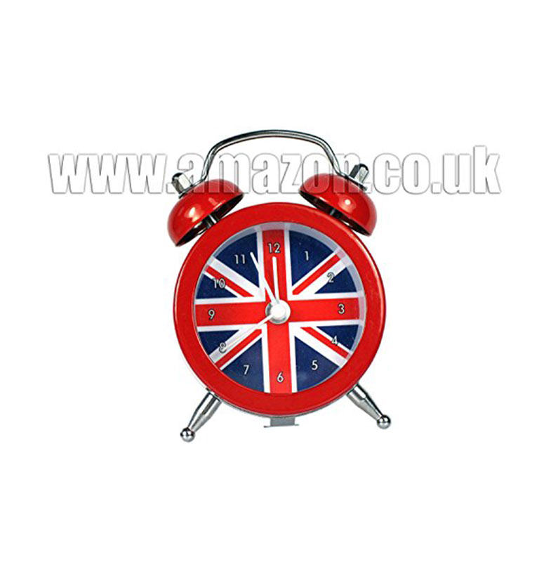 Glitter Union Jack Mini Alarm Clock Silver Metal Case