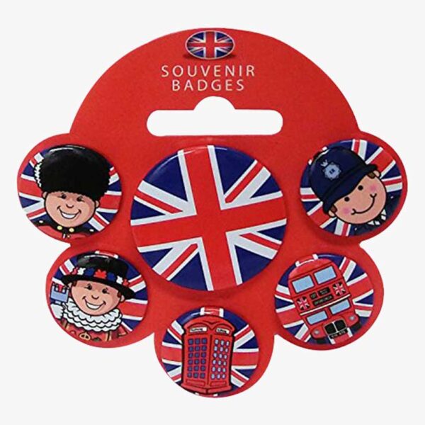 Souvenir Badges (6 Per pack) Characters Union Jack Olympics Diamond Queen Jubilee