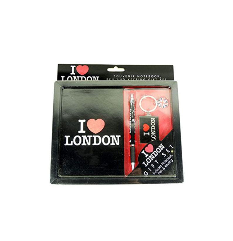 Note Book Gift Set - I Love London Printed Souvenir Note Book, Pen and Keyring Gift Set