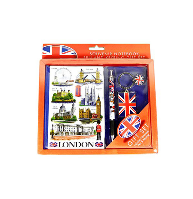 Note Book Gift Set - London Scene Printed Souvenir Note Book, Pen and Union Jack Keyring Gift Set
