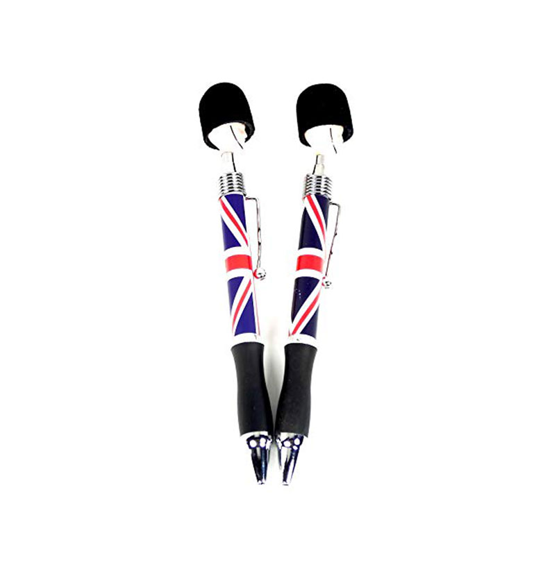 Soldier Head Pens - Set of 2 Union Jack Metal Ballpoint Pens with Guardsman Head, London Souvenir Pens