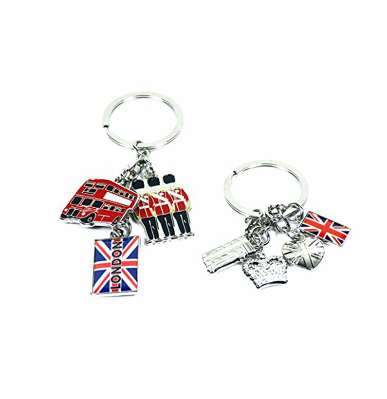 Charm Keyrings - Guards, Bus + Union Jack London Charms and Crown, Bus + Union Jack Heart Charms Key Holders (2 Qty)
