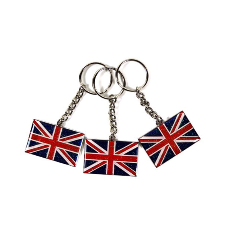 Glitter Union Jack Keyring - Metal Shaped Keyring of UJ Flag, British Collectable (3 Qty)