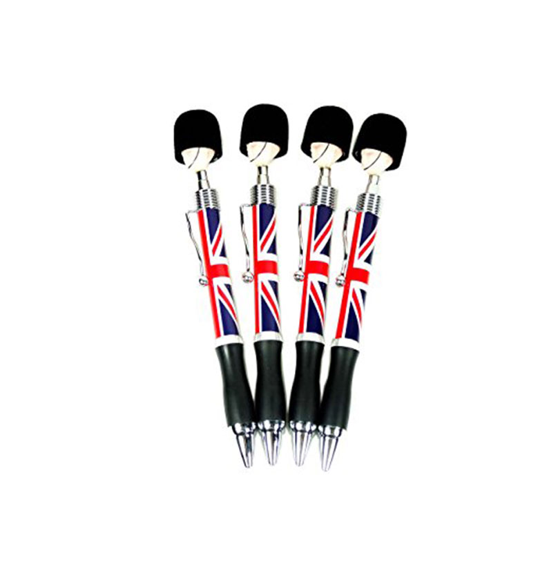 Soldier Head Pens (Set of 4) - Collectable London Souvenir Ball Point Pens, Union Jack with Guardsman Head Design