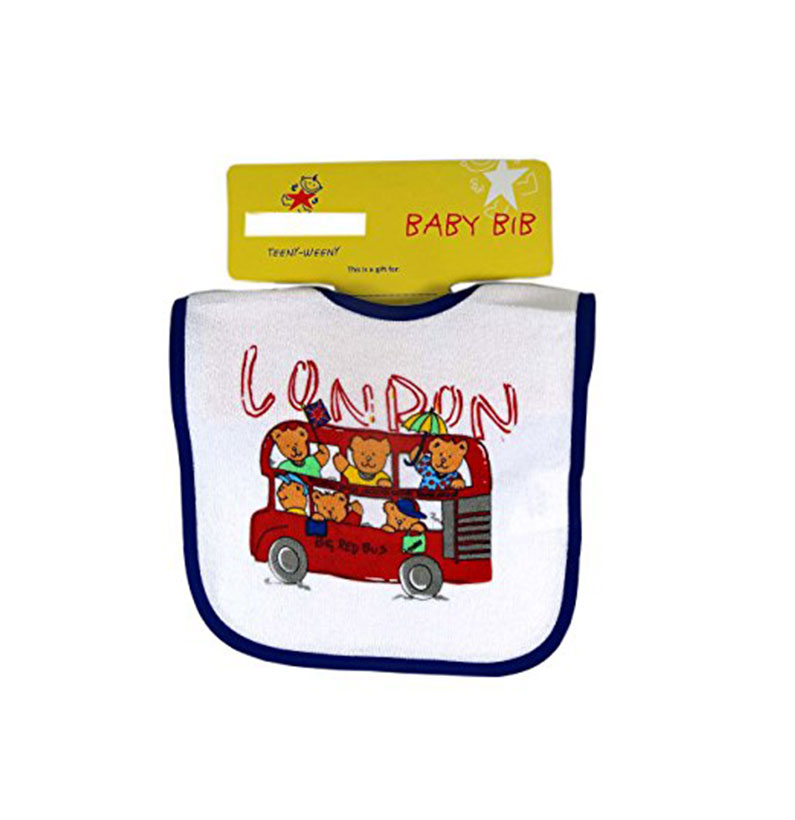 London Red Double Decker Bus and Teddy Printed Baby Bib, White, London Souvenir Baby Bib (SLC33IWA)