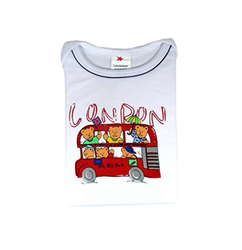 London Red Double Decker Bus and Teddy Printed Baby Bodysuit, White, London Souvenir Baby Bodysuit (SLC33R) (3-6 Months)