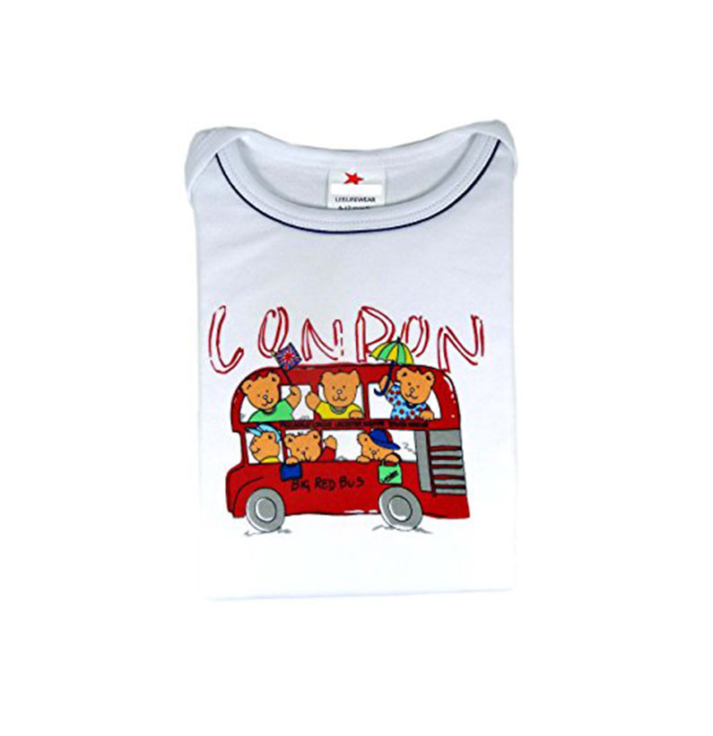London Red Double Decker Bus and Teddy Printed Baby Bodysuit, White, London Souvenir Baby Bodysuit (SLC33R) (6-12 Months)