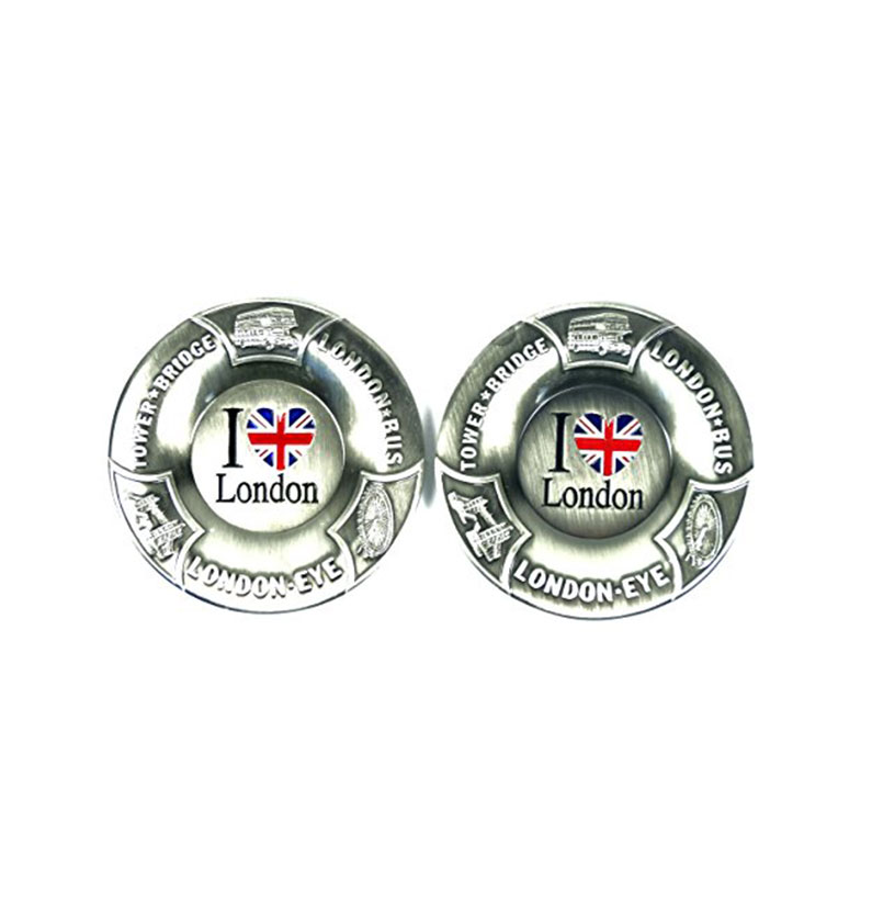 Mini Metal Ashtray, I Love (Union Jack Heart) London with Tower Bridge, London Eye and Bus around the edge