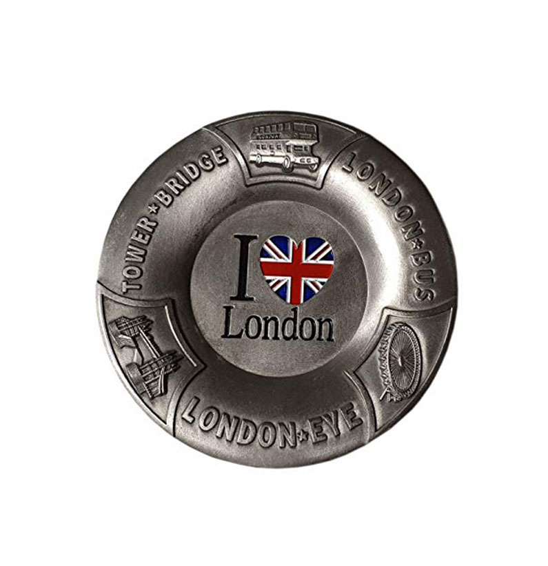 Mini Metal Ashtray, I Love (Union Jack Heart) London with Tower Bridge, London Eye and Bus around the edge
