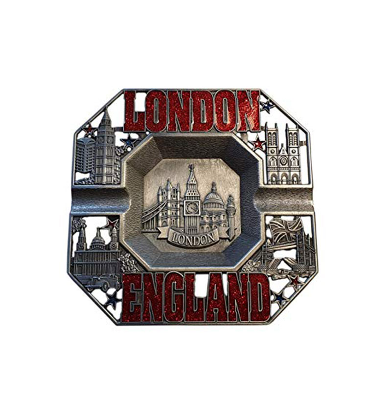 Metal Ashtray, Red London England with London Skyline in the Middle and Tower Bridge, St Paul's etc on the 4 Corners
