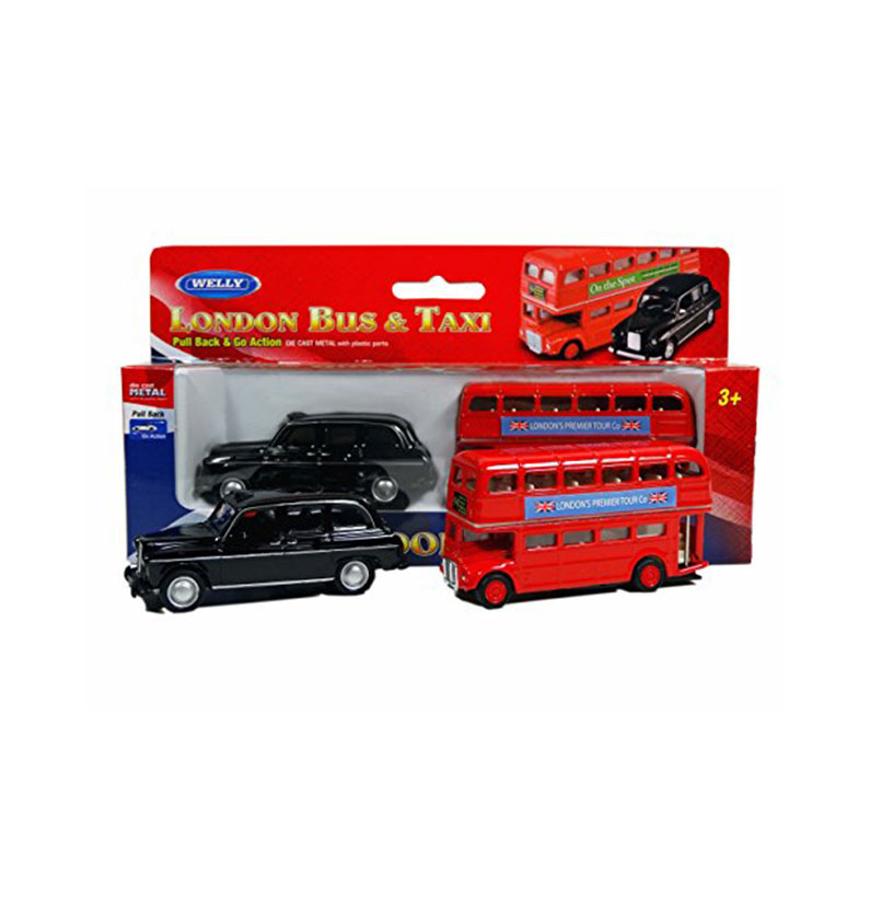 London Double Decker Red Bus and Black Taxi Mini Models (Pull Back & Go Action) Made of Die Cast Metal and Plastic Parts