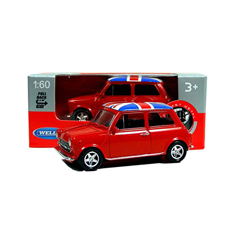 Welly Mini Cooper Mini Model (Red) with Union Jack Top Made of Die Cast Metal and Plastic Parts, Pull Back & Go Action Toy