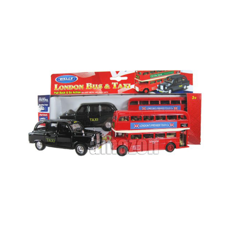 London Double Decker Red Bus and Black Taxi Models (Pull Back & Go Action)Made of Die Cast Metal and Plastic Parts
