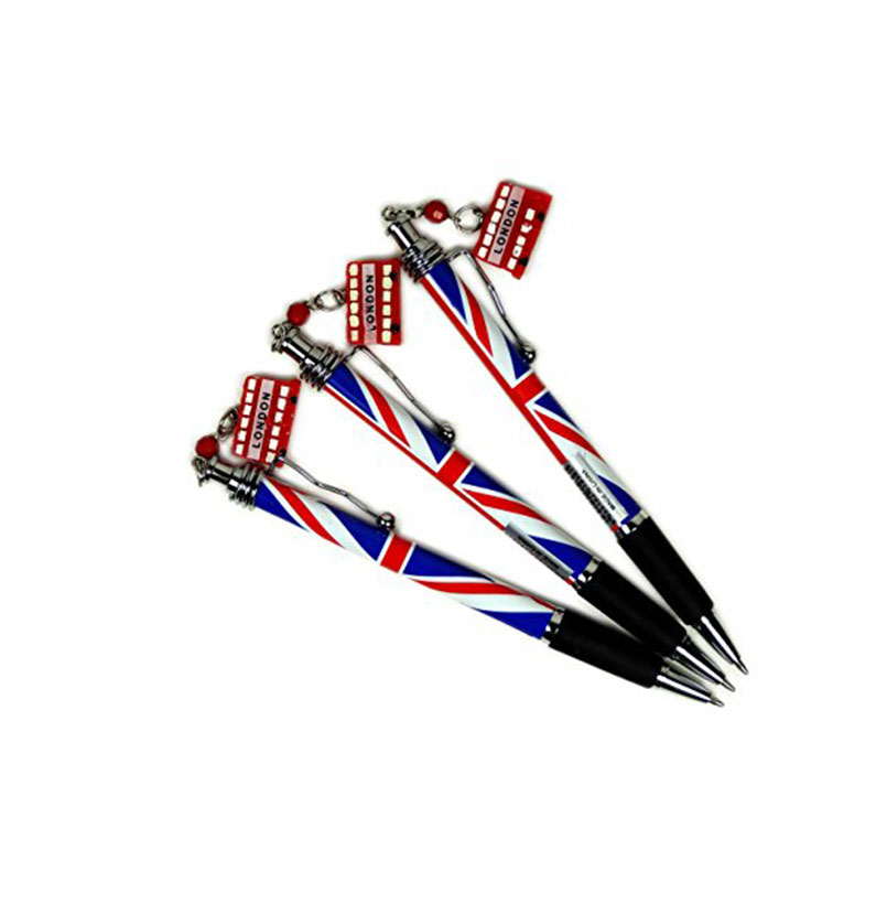 Red Bus Charm Silver Clip Rollerball Pens with Union Jack Design, Set of 3 Pens, London Souvenir Collectable