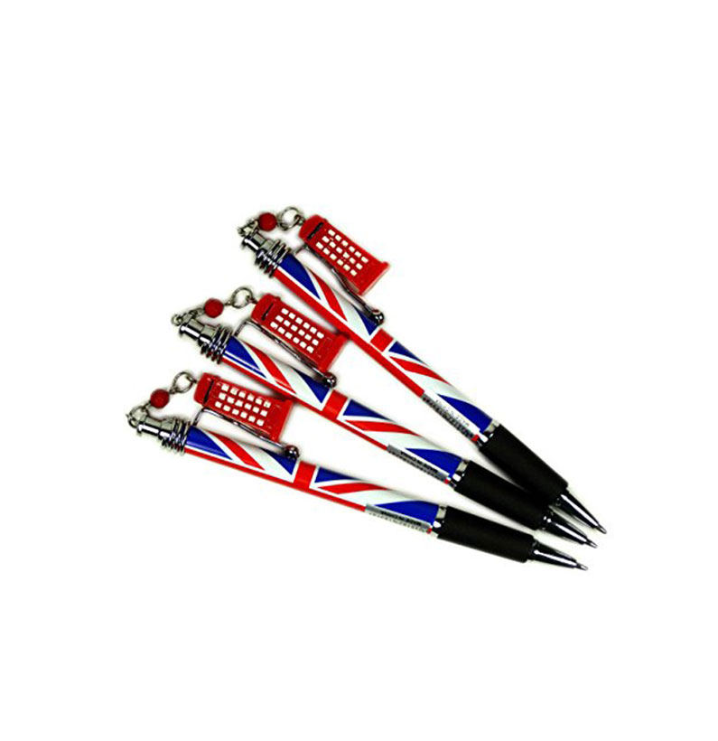 Telephone Box Charm Silver Clip Rollerball Pens with Union Jack Design, Set of 3 Pens, London Souvenir Collectable