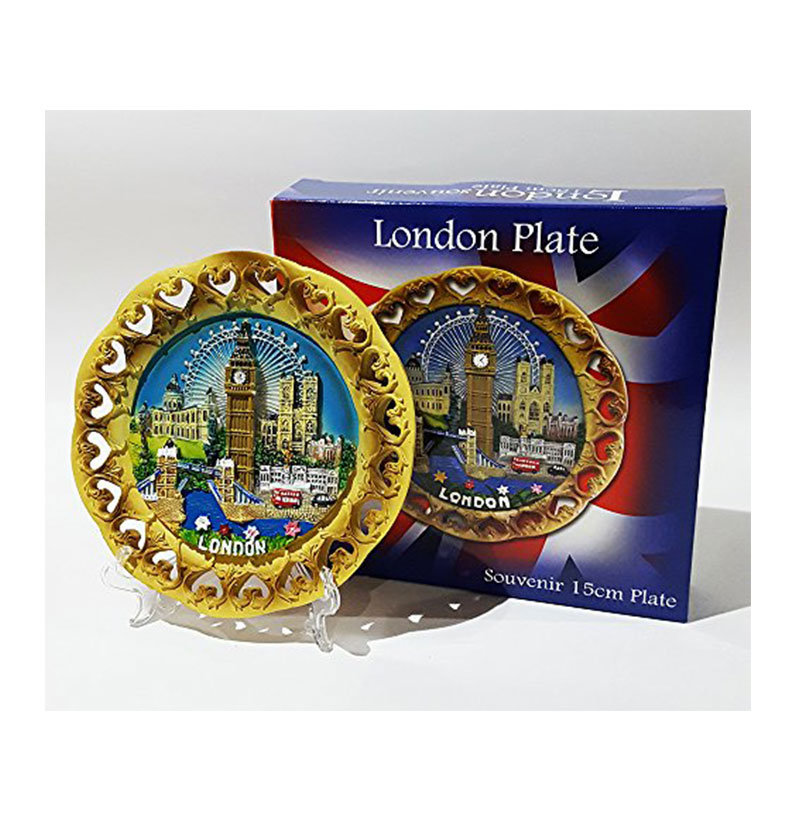 Wood Style Decorative Plate Detailing London Skyline: Big Ben, Tower Bridge and London Eye etc (Medium Cutout)
