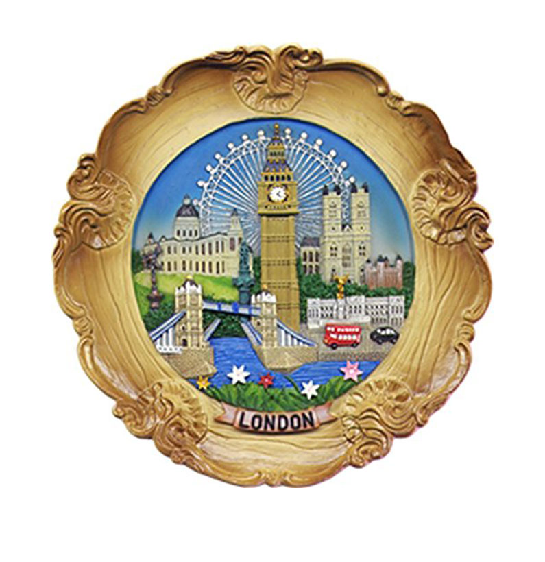 Wood Style Decorative Plate Detailing London Skyline: Big Ben, Tower Bridge and London Eye etc (Medium Ornate)