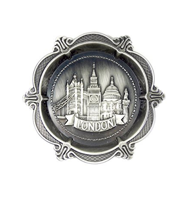 Metal Round Decorative Plate with Pewter Effect Detailing London Skyline - London Souvenir